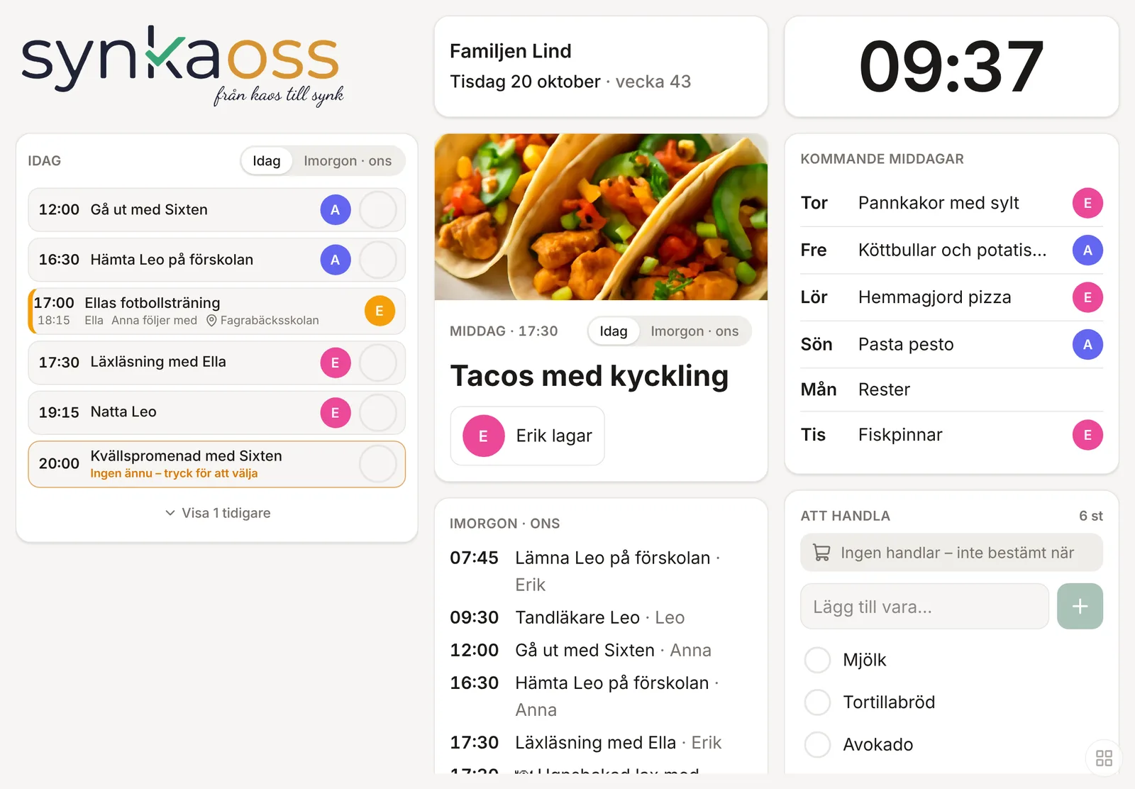 Köksskärmen med dagens schema, middagen och inköpslistan